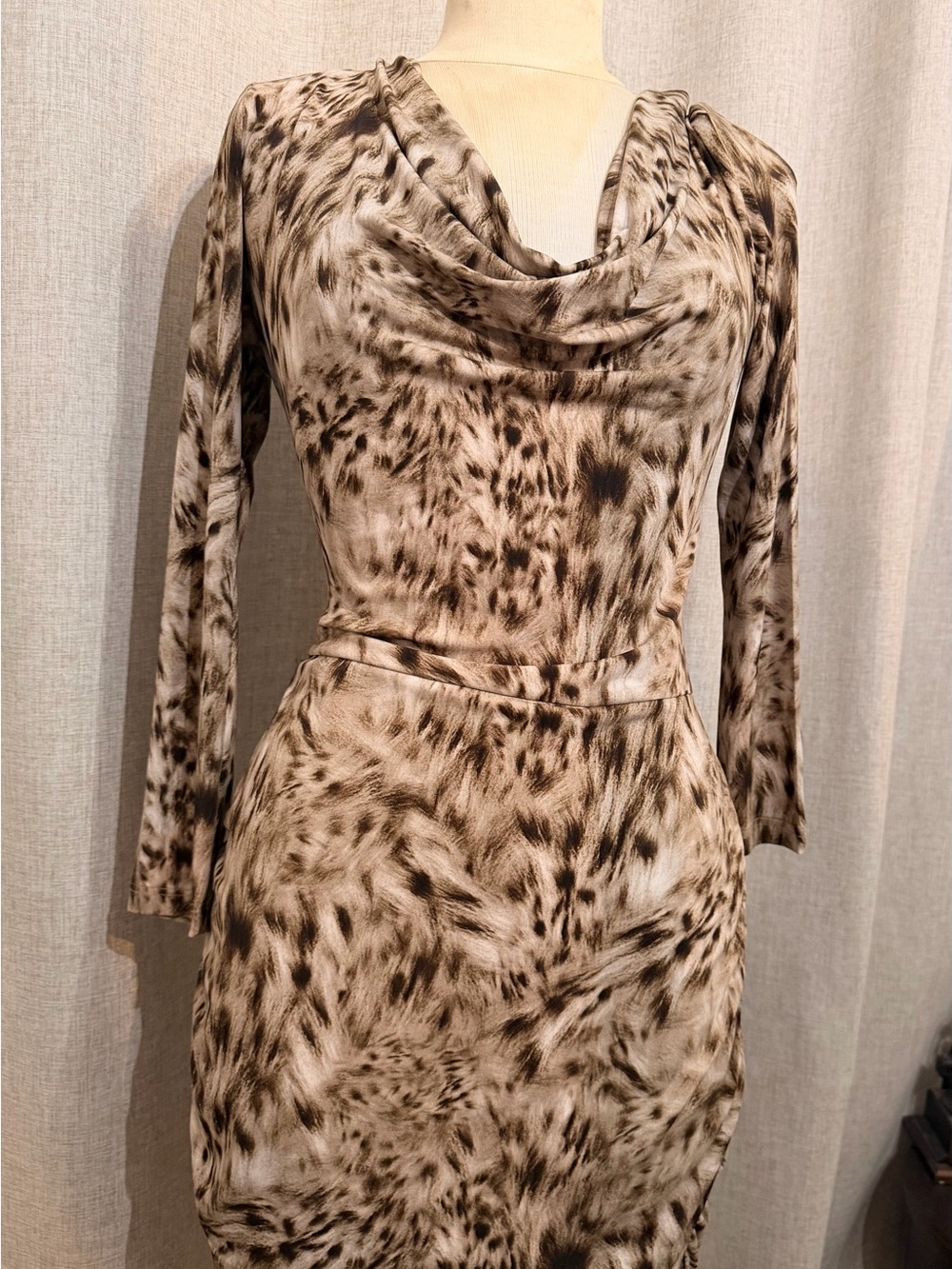 Michael Kors Neutral Animal-Print Long Sleeve Cowl Neck Dress